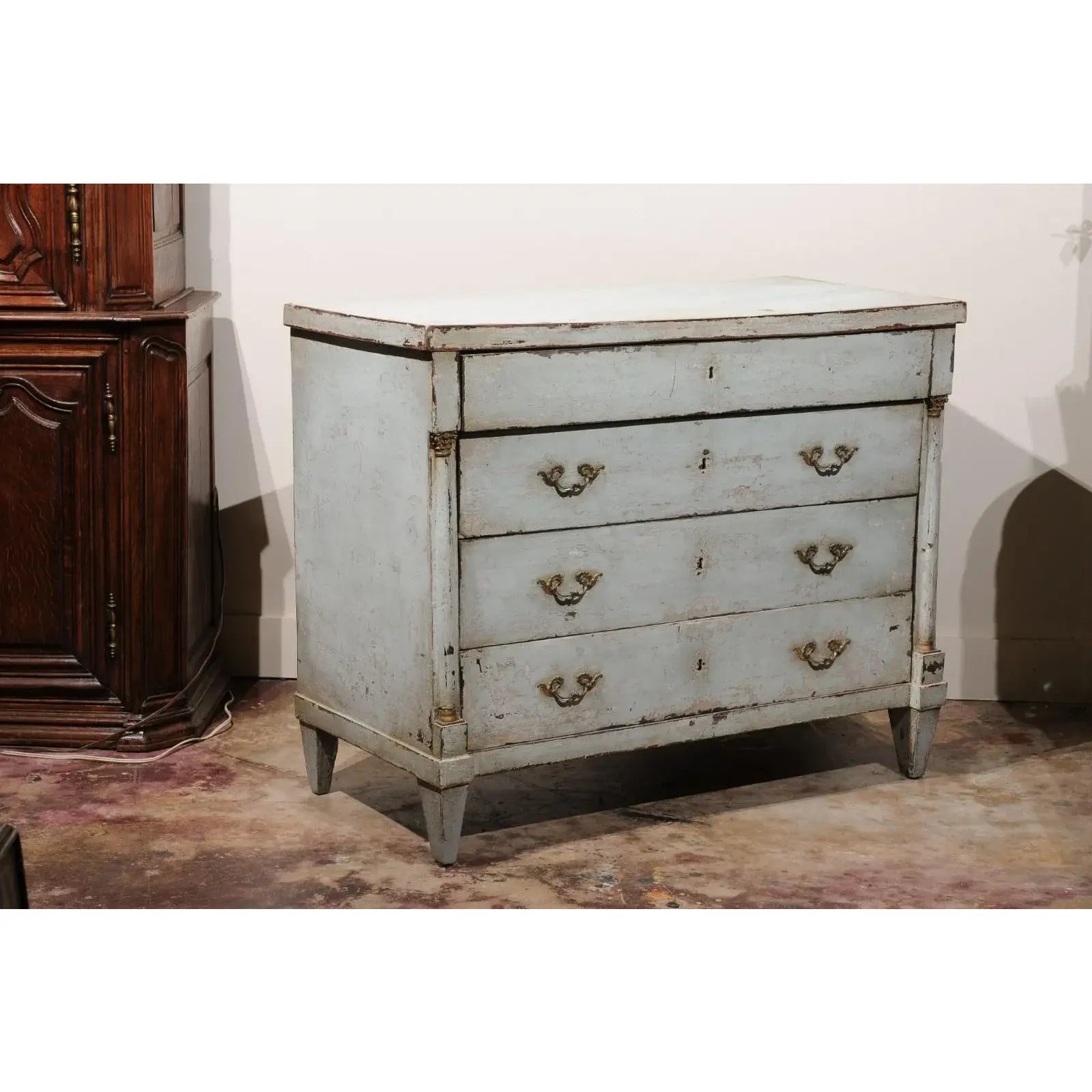 18th Century Painted French Empire Style 4 Drawer Commode in Pale Blue