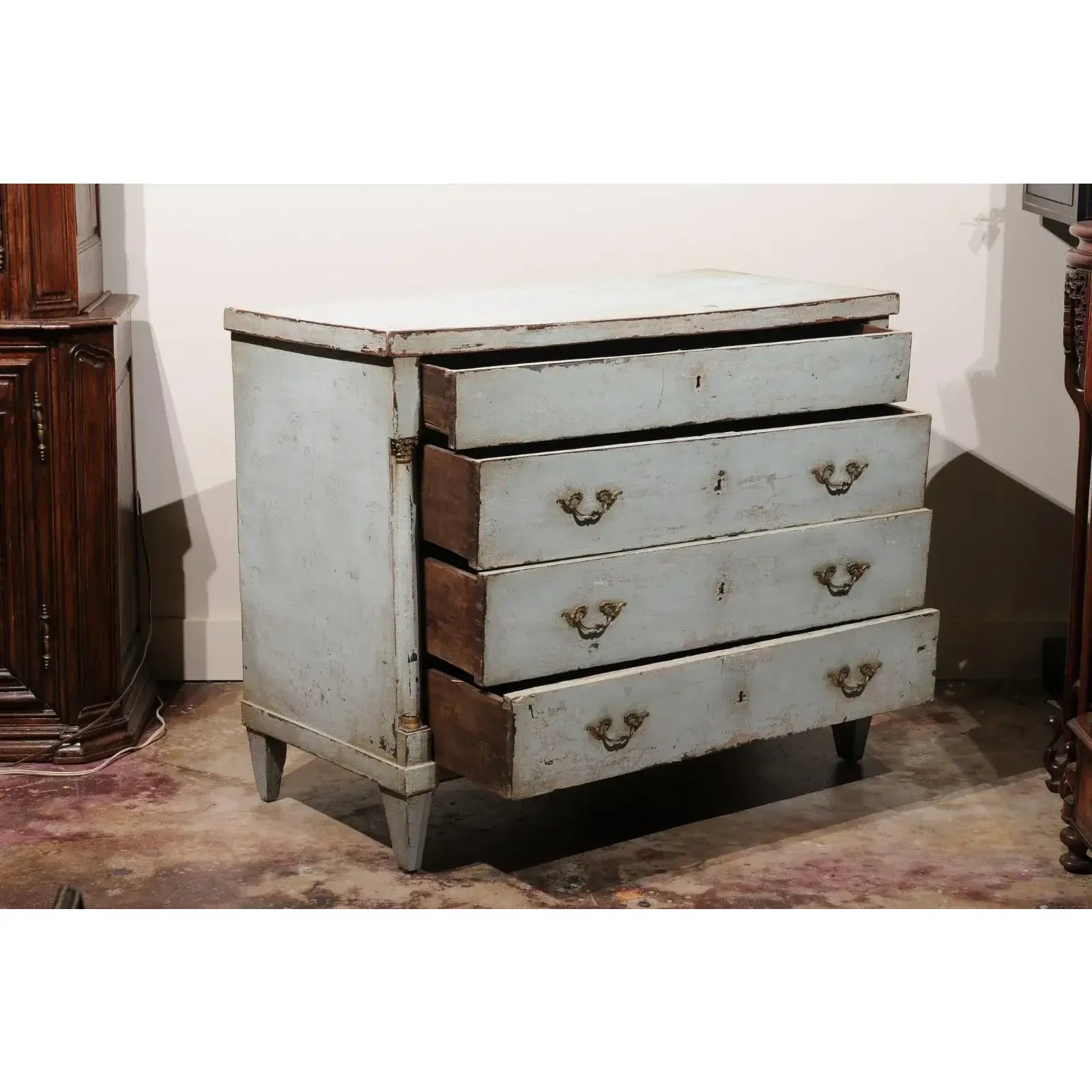 18th Century Painted French Empire Style 4 Drawer Commode in Pale Blue