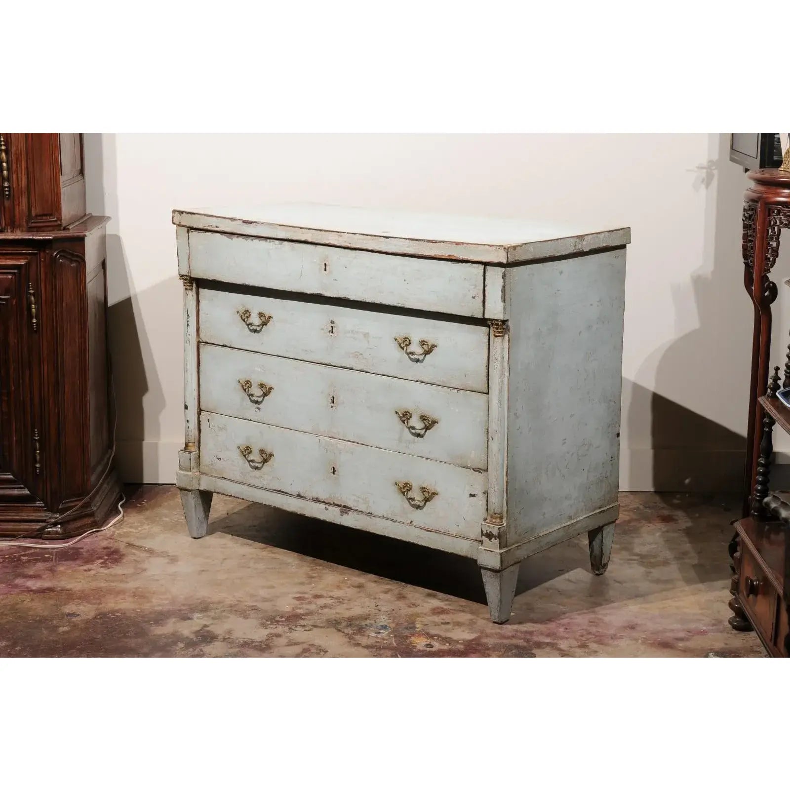 18th Century Painted French Empire Style 4 Drawer Commode in Pale Blue