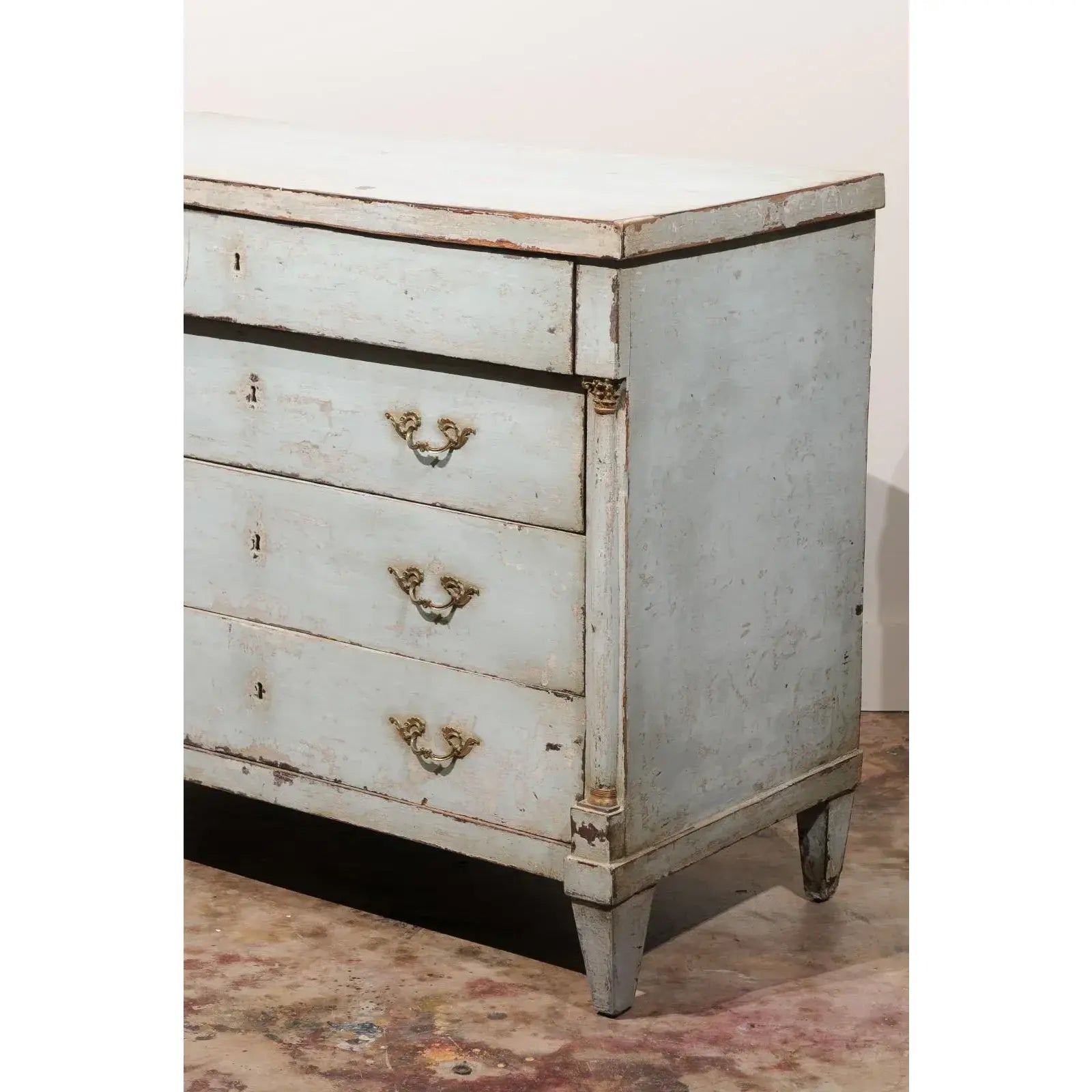 18th Century Painted French Empire Style 4 Drawer Commode in Pale Blue