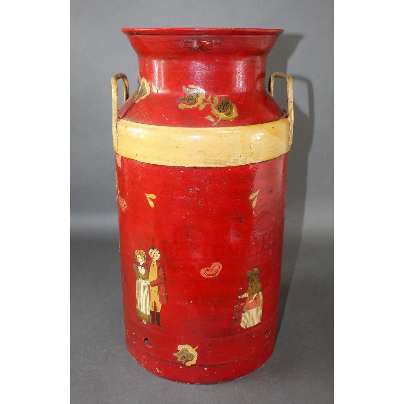 1920s Decoupage Folk Art Decorated Antique Dairy Farm Milk Jug