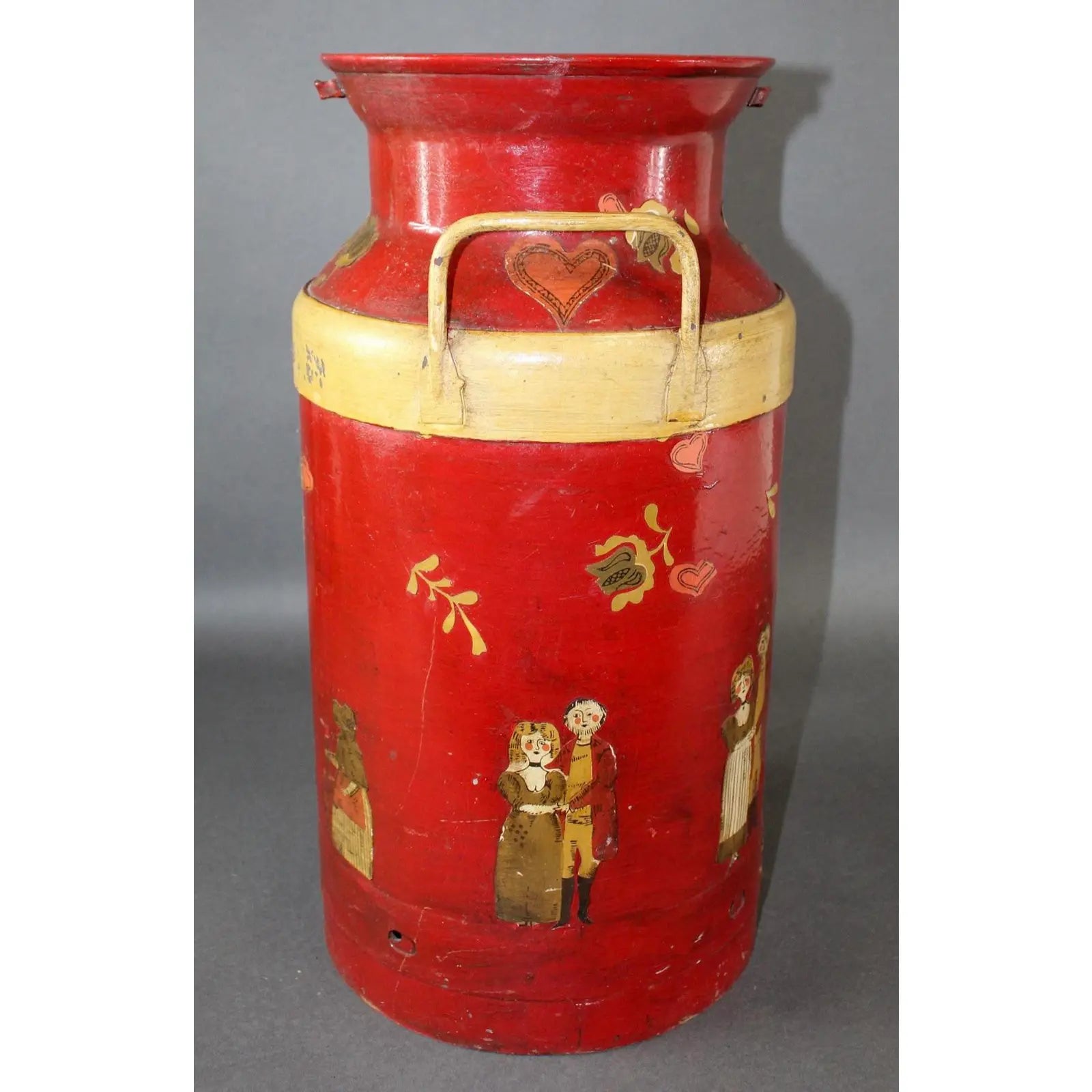 1920s Decoupage Folk Art Decorated Antique Dairy Farm Milk Jug