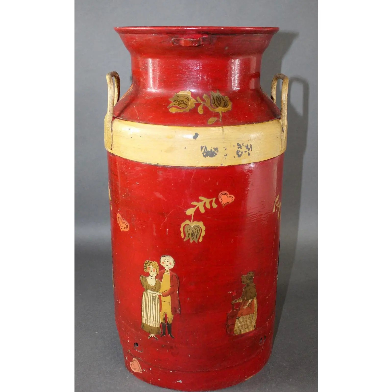 1920s Decoupage Folk Art Decorated Antique Dairy Farm Milk Jug