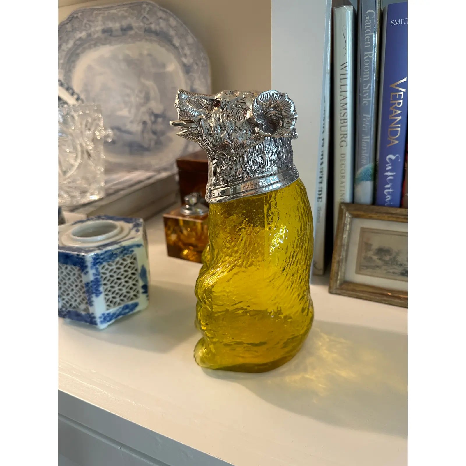 1920s English Victorian Style Sheffield Silver Plate Bear Decanter Claret in Yellow Glass