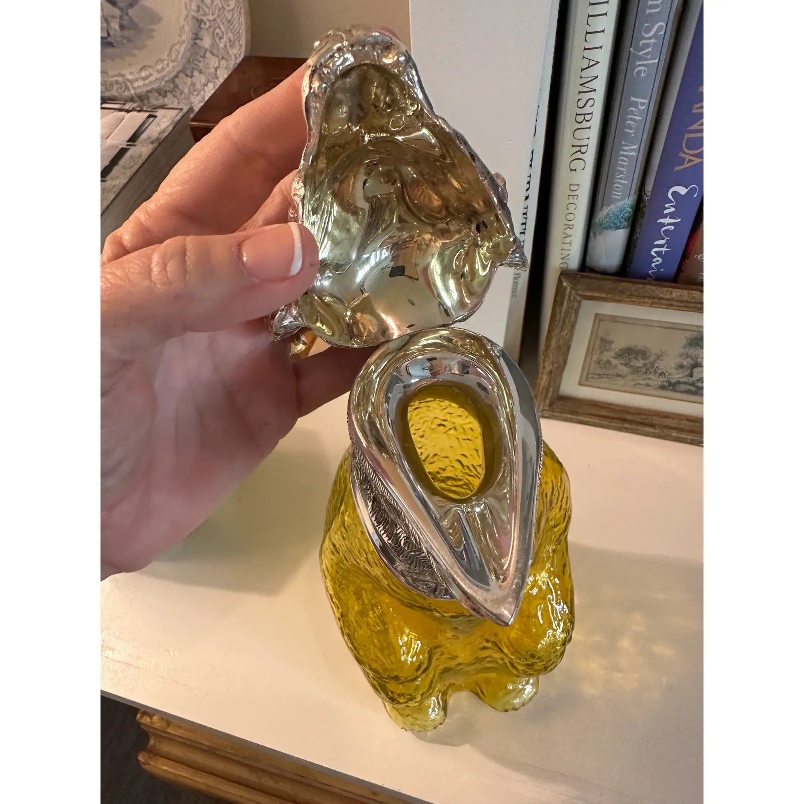 1920s English Victorian Style Sheffield Silver Plate Bear Decanter Claret in Yellow Glass