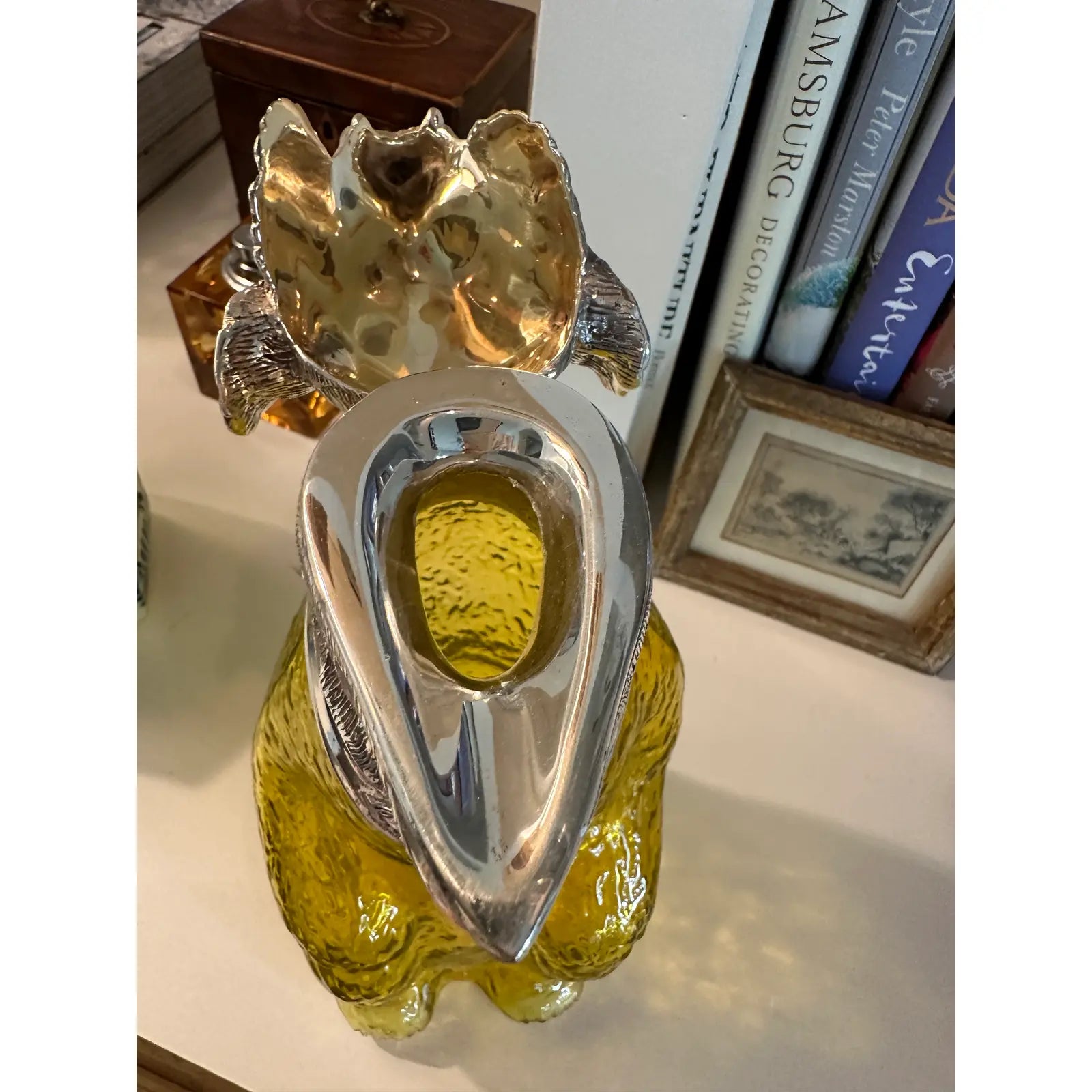 1920s English Victorian Style Sheffield Silver Plate Bear Decanter Claret in Yellow Glass