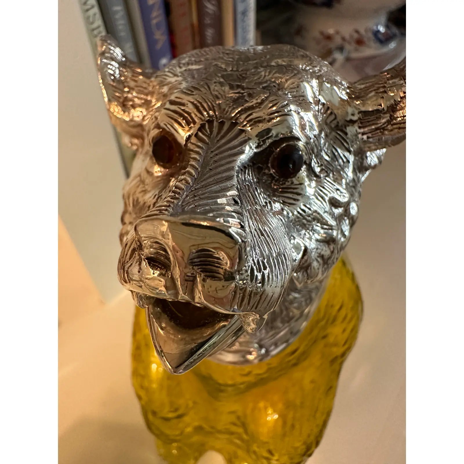 1920s English Victorian Style Sheffield Silver Plate Bear Decanter Claret in Yellow Glass