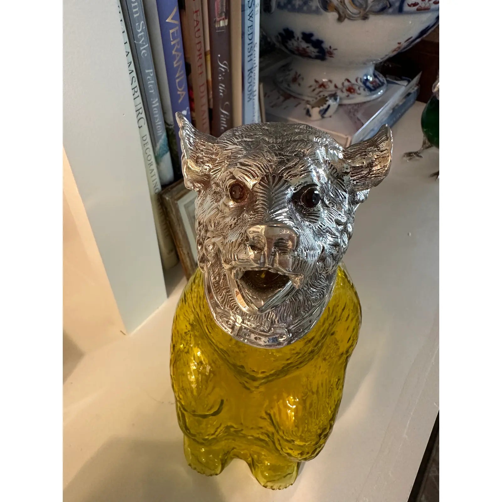 1920s English Victorian Style Sheffield Silver Plate Bear Decanter Claret in Yellow Glass