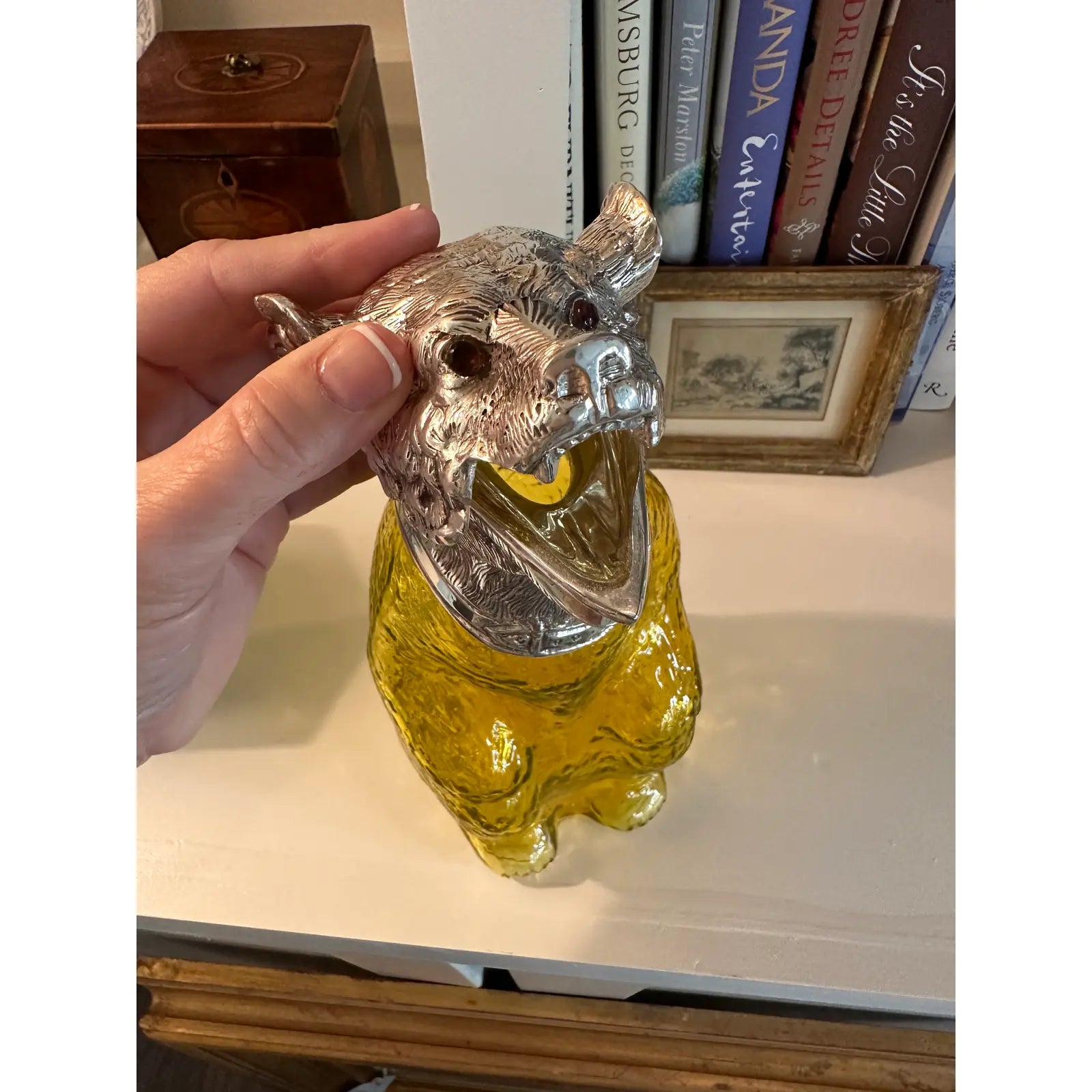 1920s English Victorian Style Sheffield Silver Plate Bear Decanter Claret in Yellow Glass