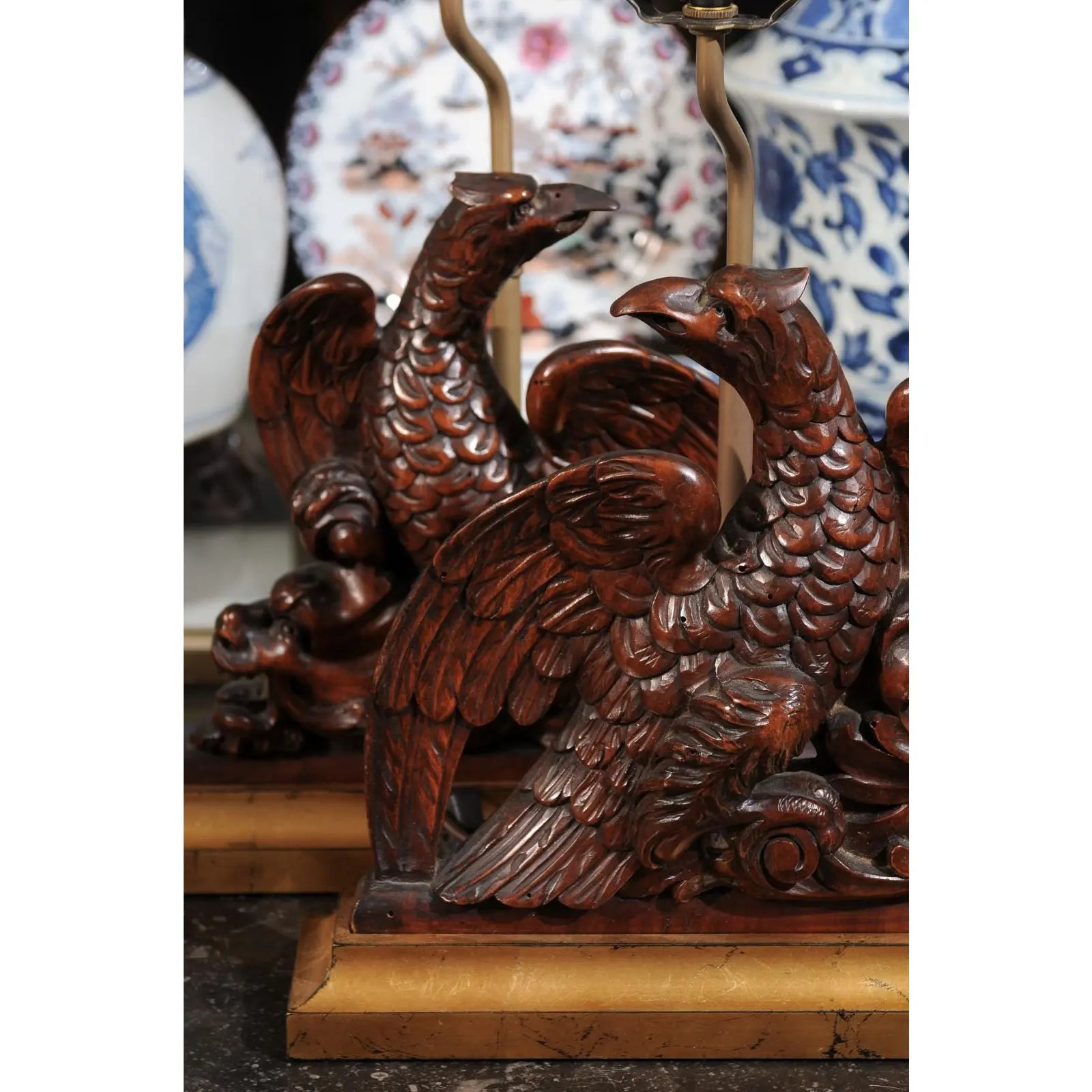 19th Century English Carved Walnut Eagle Lamps With Gilded Bases Gilt Wood - Set of 2