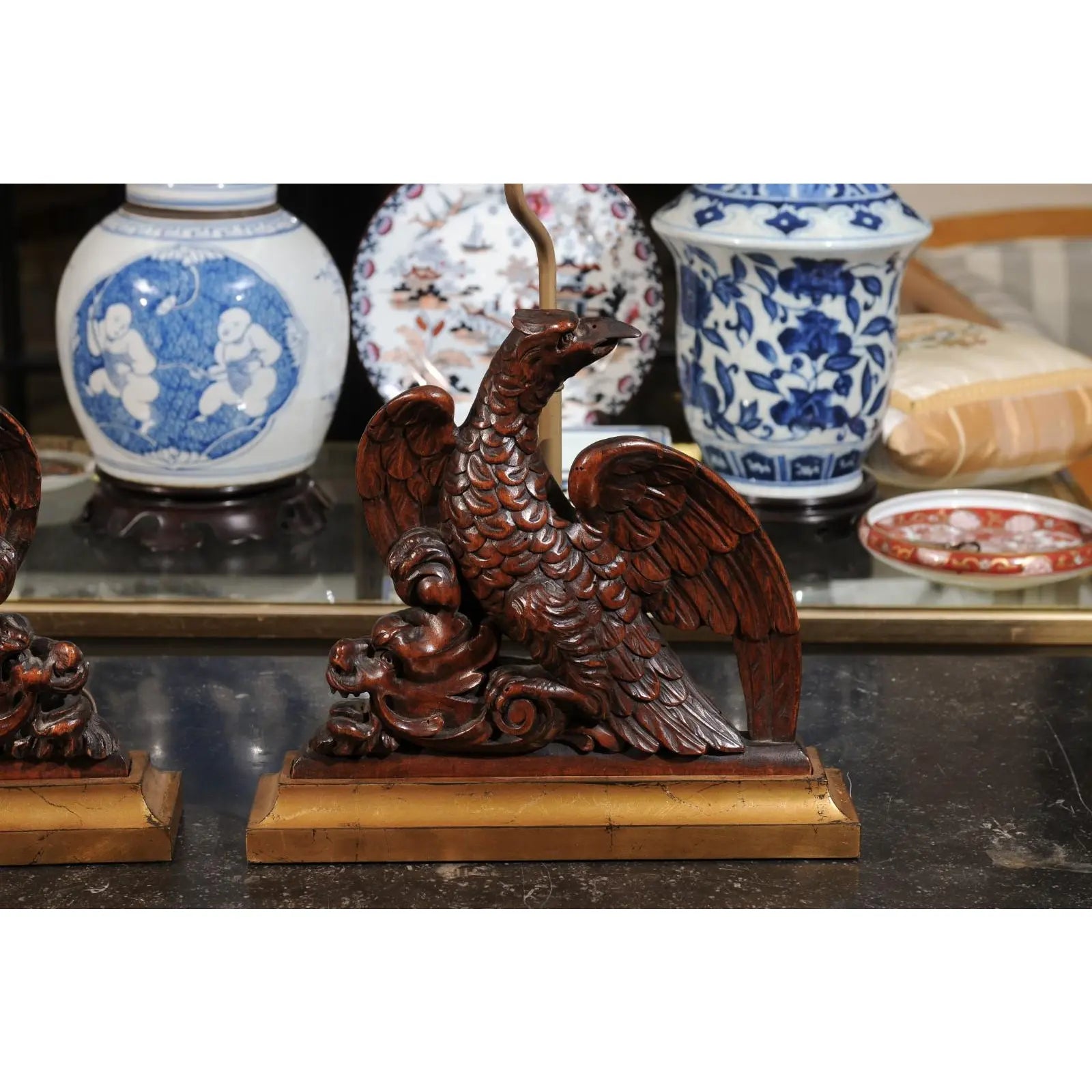 19th Century English Carved Walnut Eagle Lamps With Gilded Bases Gilt Wood - Set of 2