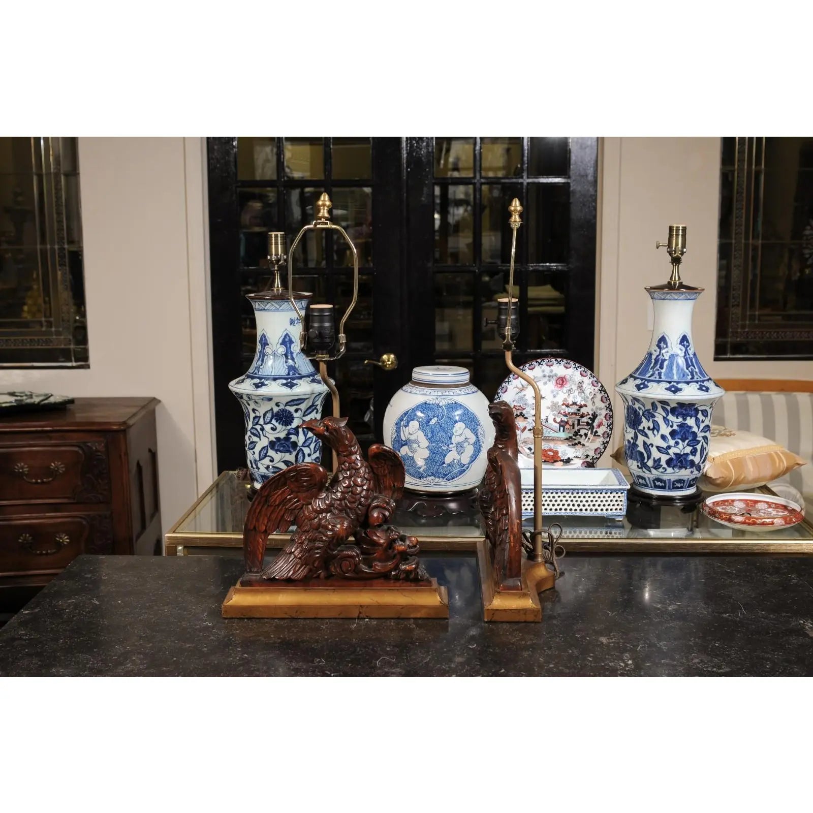 19th Century English Carved Walnut Eagle Lamps With Gilded Bases Gilt Wood - Set of 2