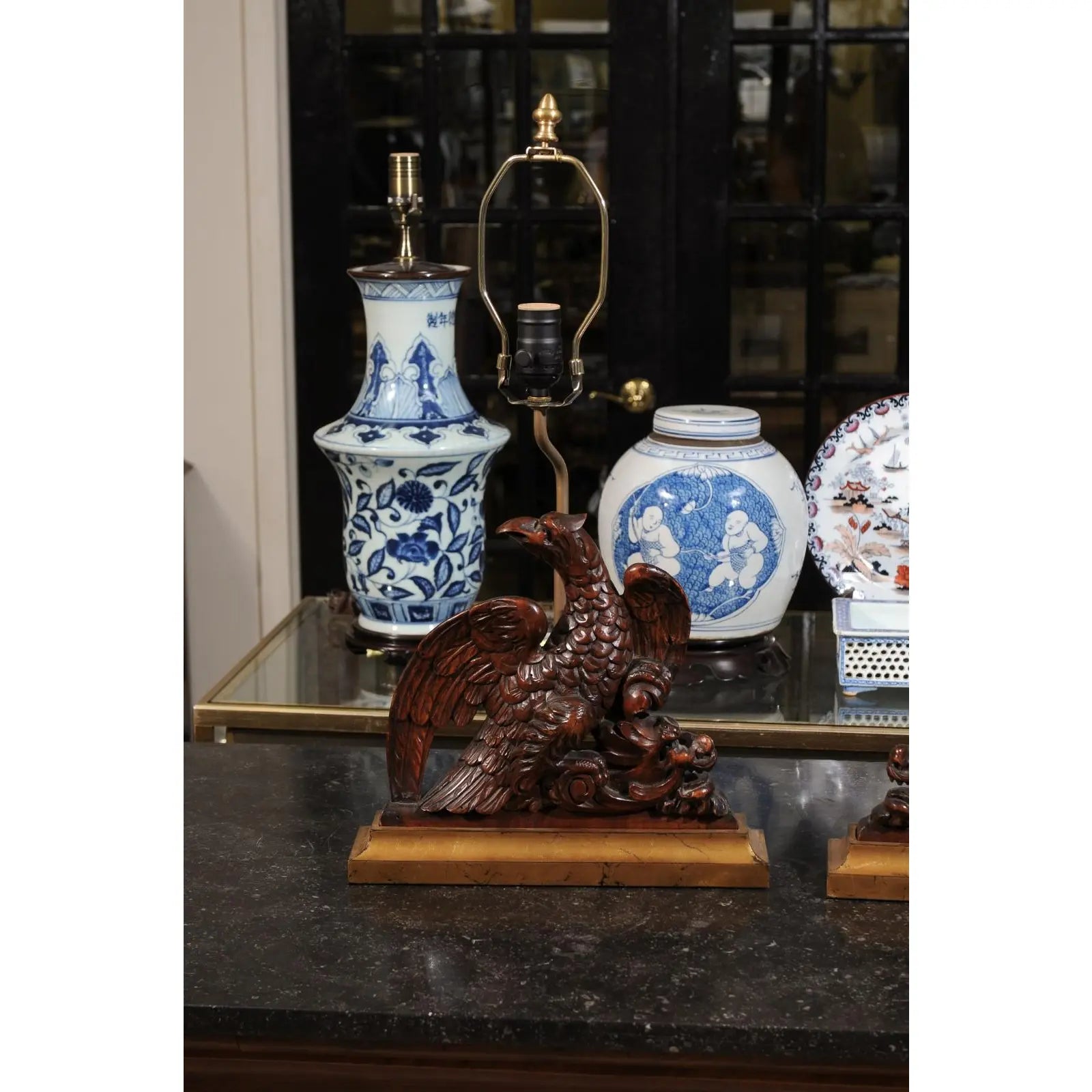 19th Century English Carved Walnut Eagle Lamps With Gilded Bases Gilt Wood - Set of 2
