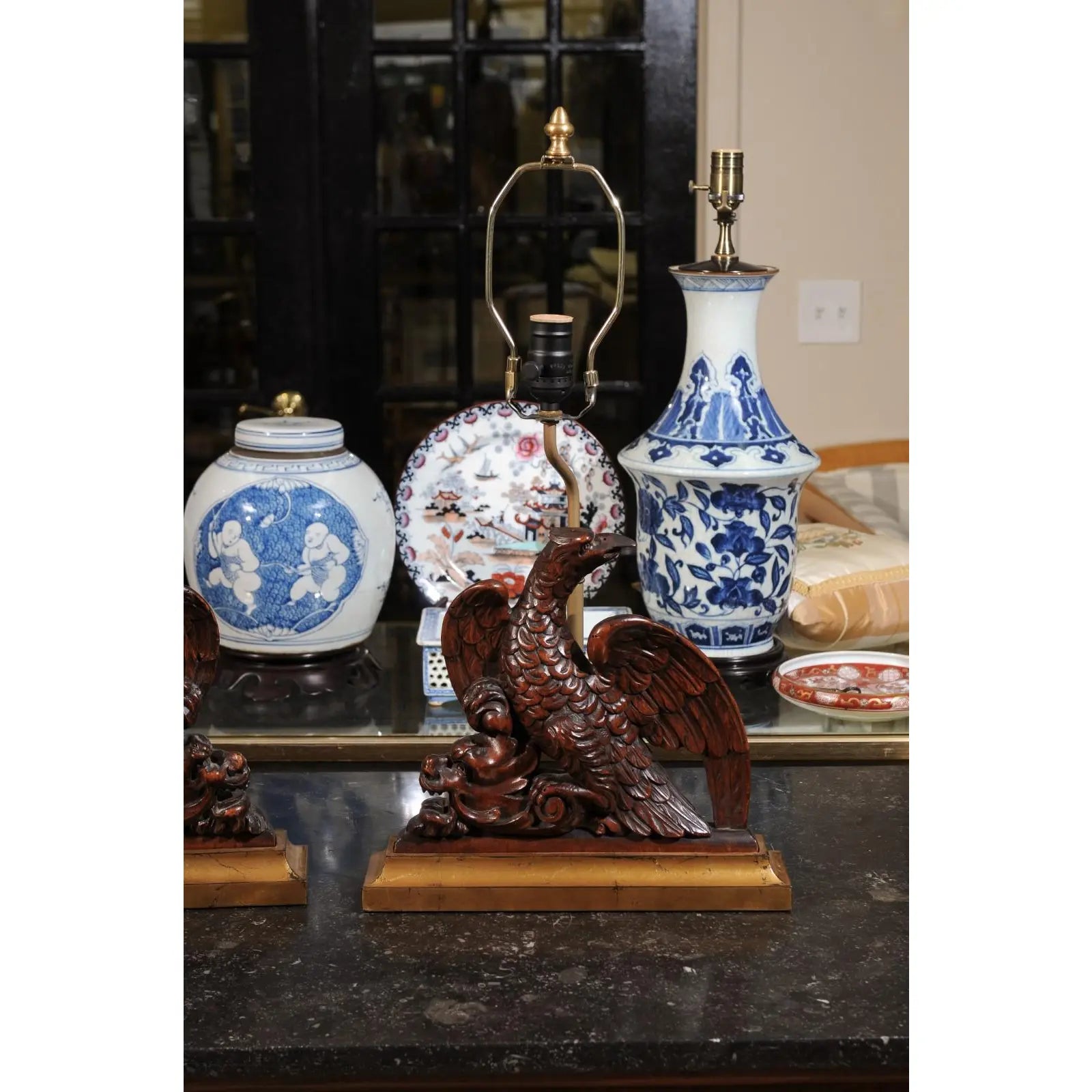 19th Century English Carved Walnut Eagle Lamps With Gilded Bases Gilt Wood - Set of 2