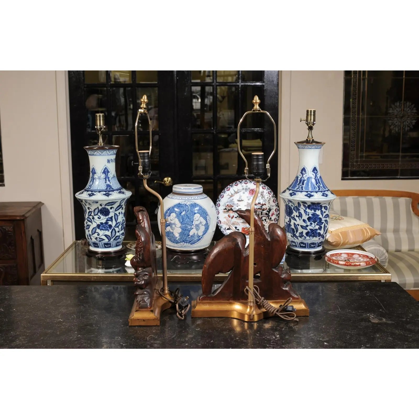 19th Century English Carved Walnut Eagle Lamps With Gilded Bases Gilt Wood - Set of 2