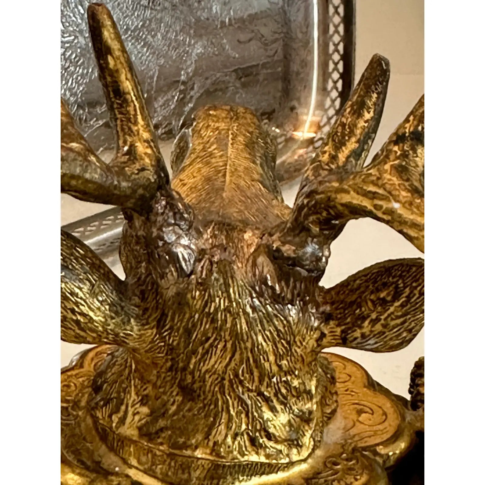 19th Century French Dore Gold Gilt Metal Stag Head Double Inkwell