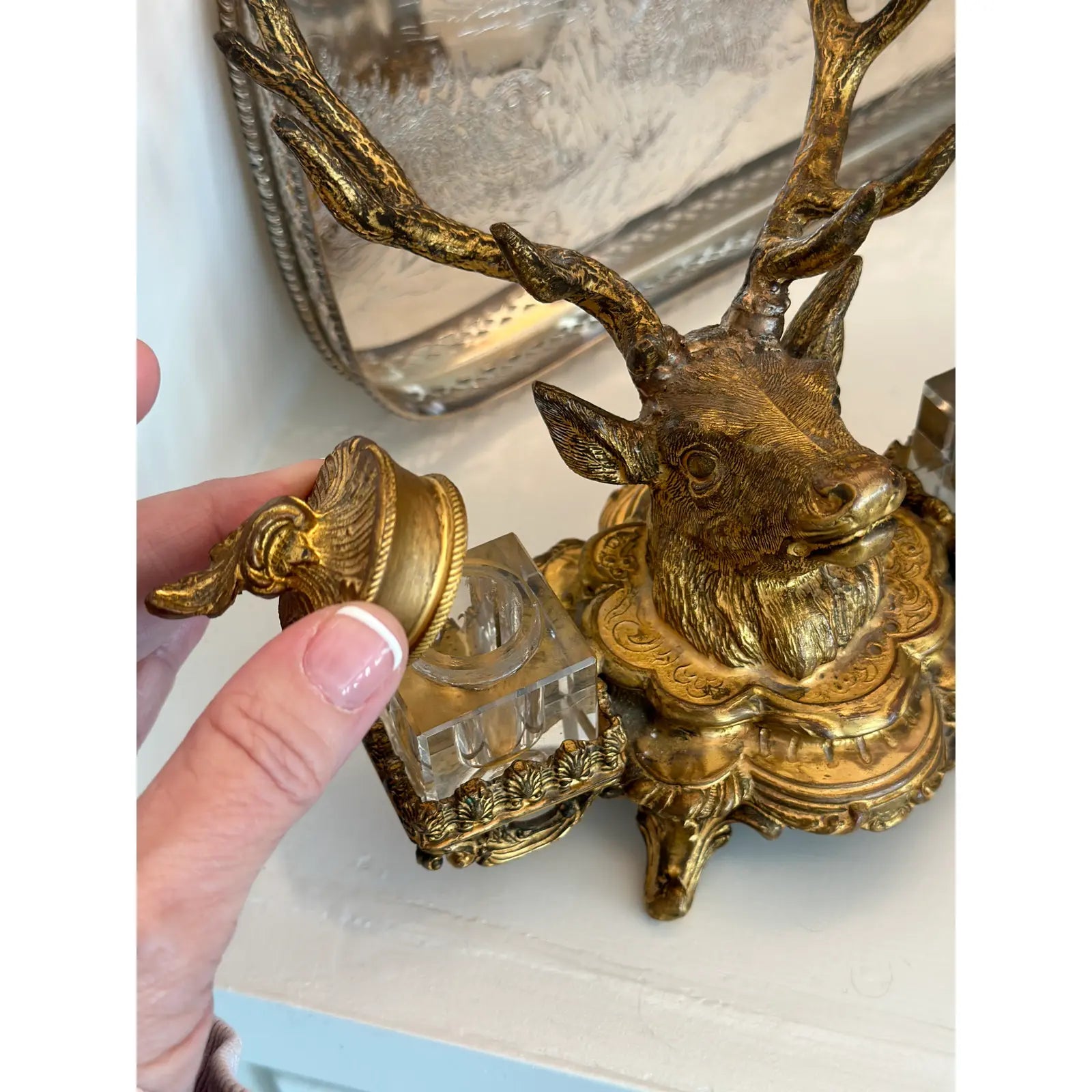 19th Century French Dore Gold Gilt Metal Stag Head Double Inkwell
