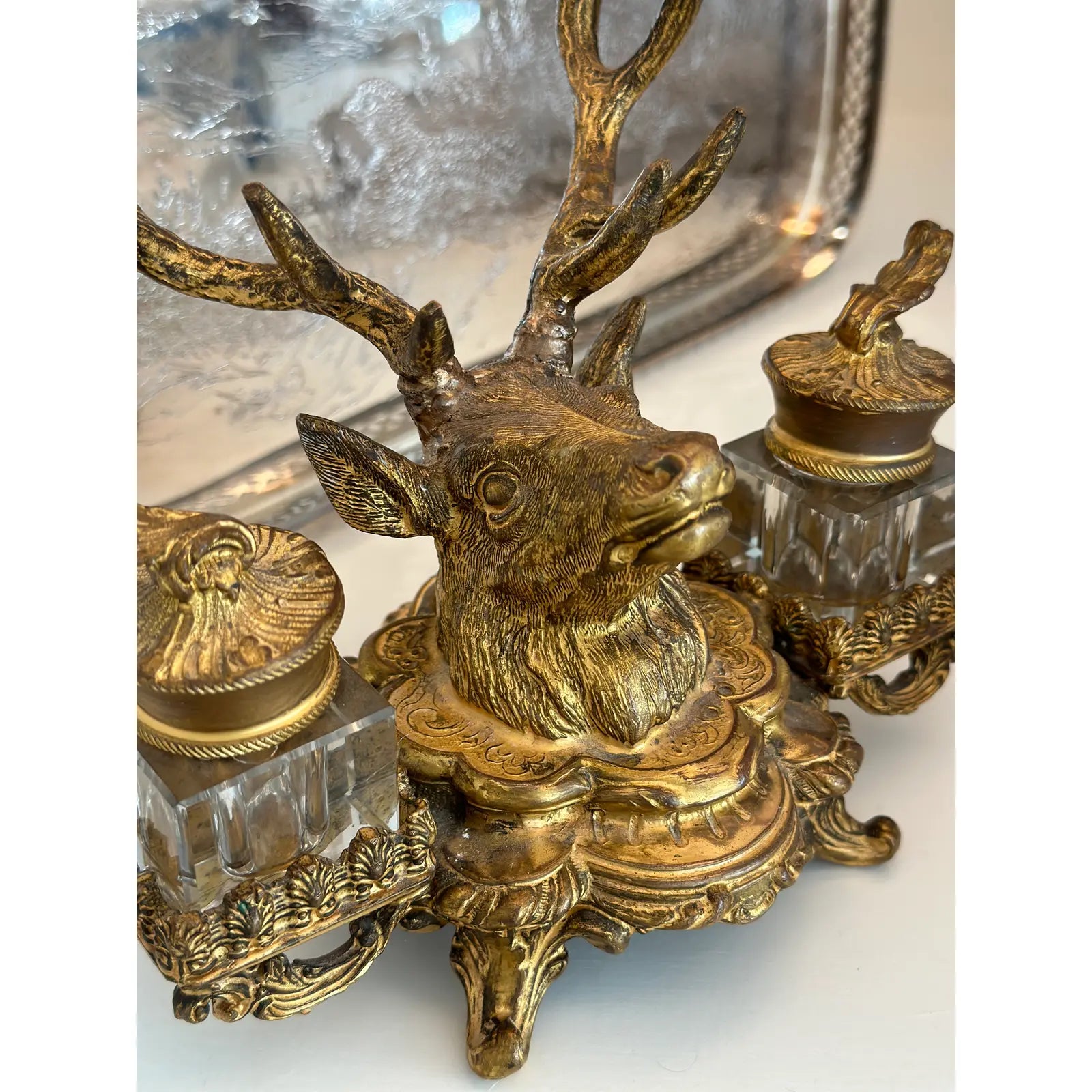 19th Century French Dore Gold Gilt Metal Stag Head Double Inkwell