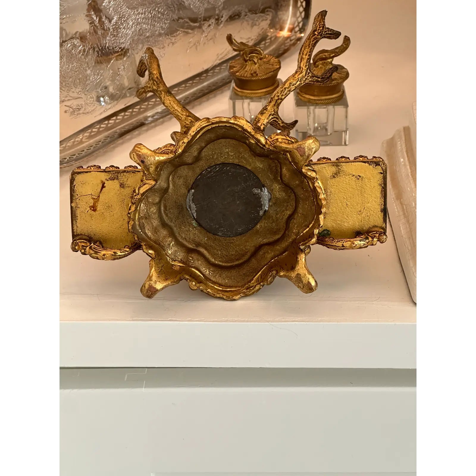 19th Century French Dore Gold Gilt Metal Stag Head Double Inkwell