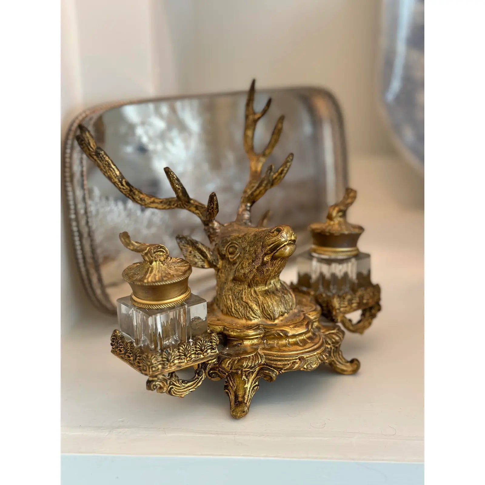 19th Century French Dore Gold Gilt Metal Stag Head Double Inkwell