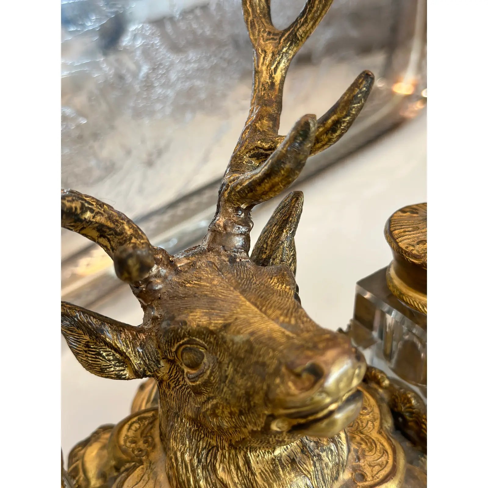 19th Century French Dore Gold Gilt Metal Stag Head Double Inkwell