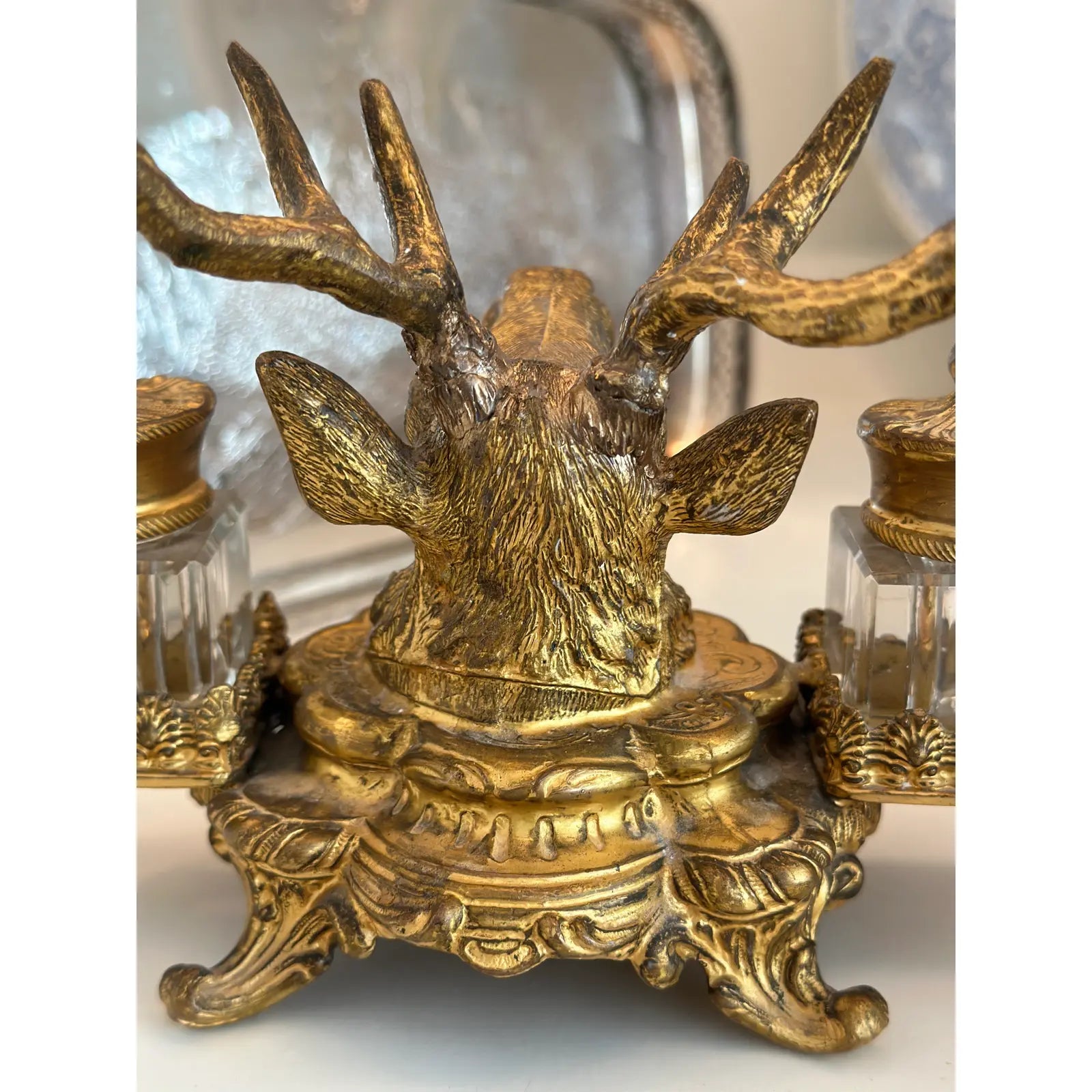 19th Century French Dore Gold Gilt Metal Stag Head Double Inkwell