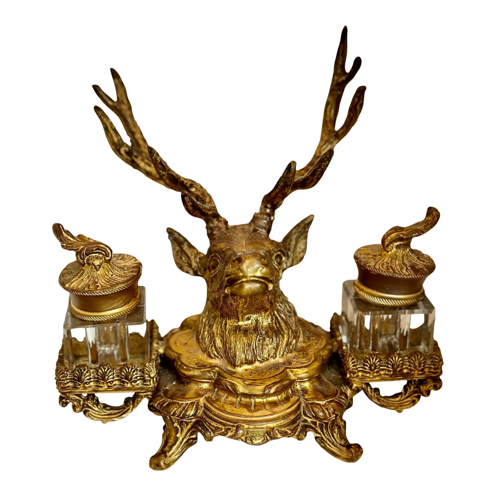 19th Century French Dore Gold Gilt Metal Stag Head Double Inkwell
