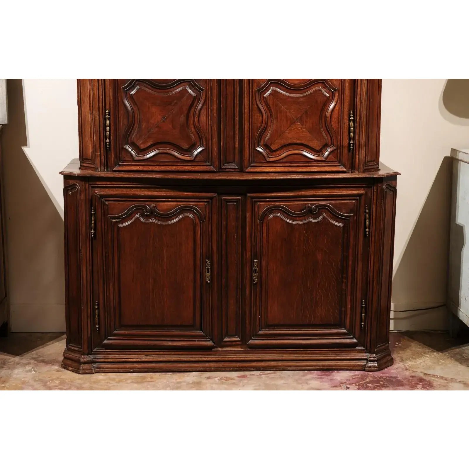 19th Century French Provincial Buffet Deux Corps Cabinet Armoire in Oak