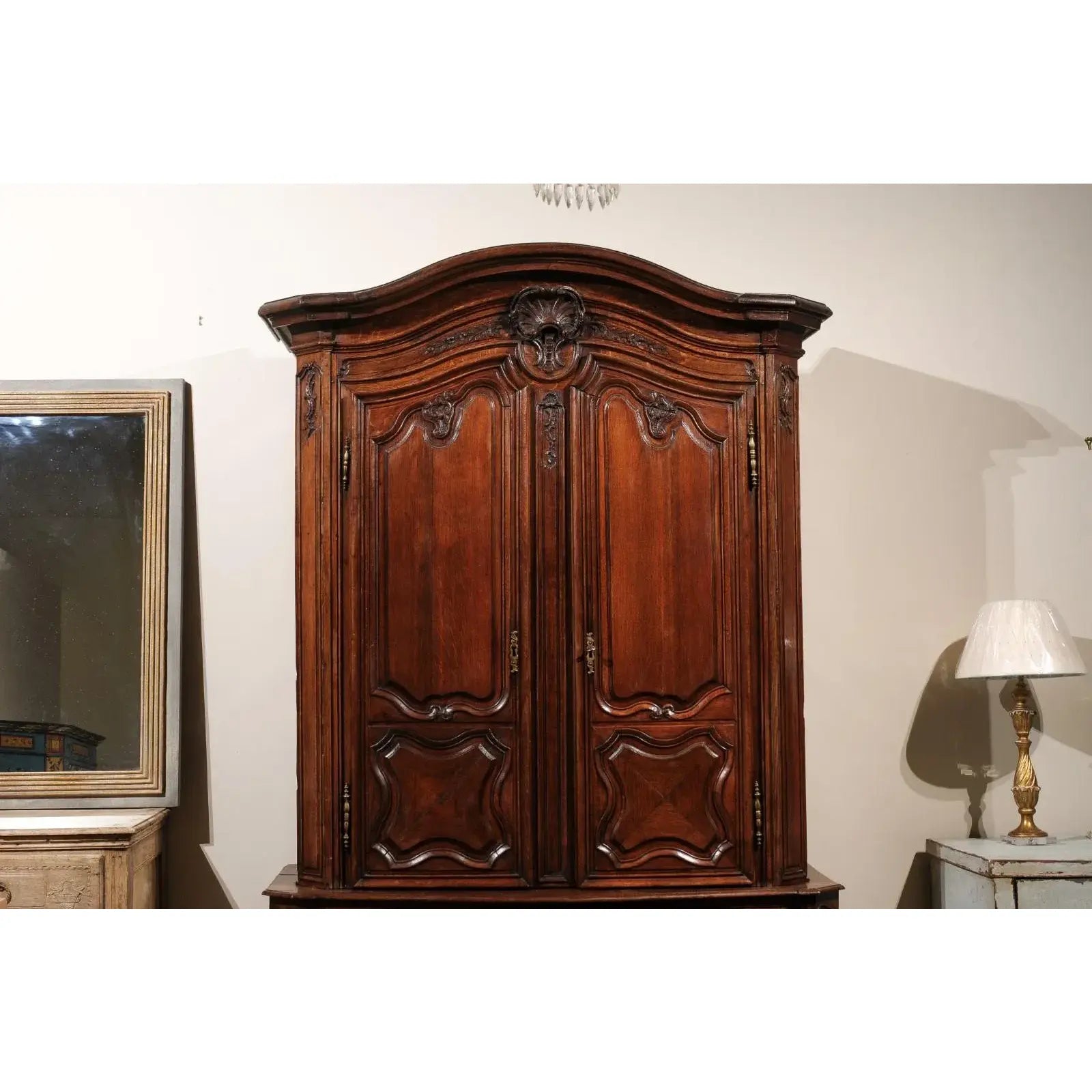 19th Century French Provincial Buffet Deux Corps Cabinet Armoire in Oak