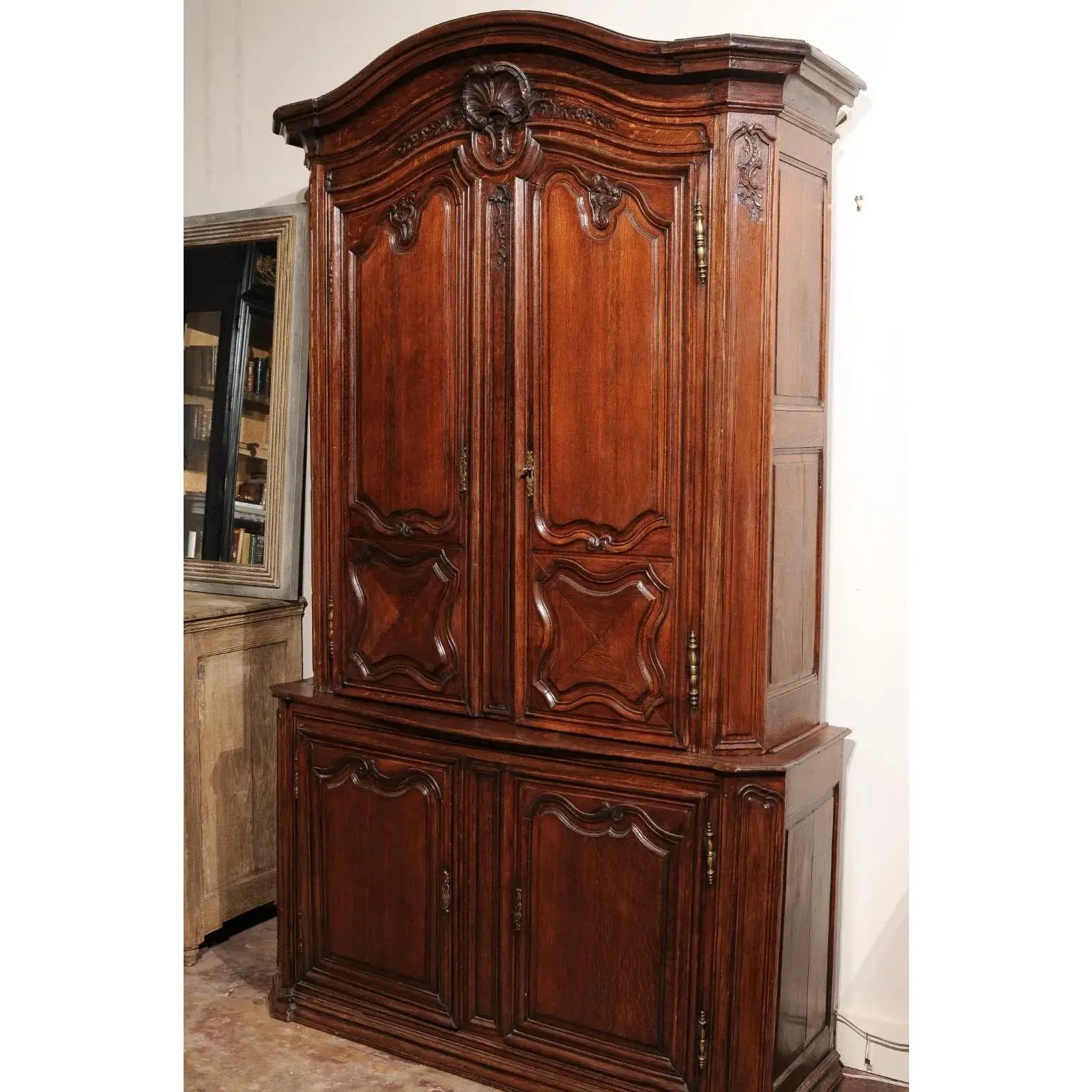 19th Century French Provincial Buffet Deux Corps Cabinet Armoire in Oak