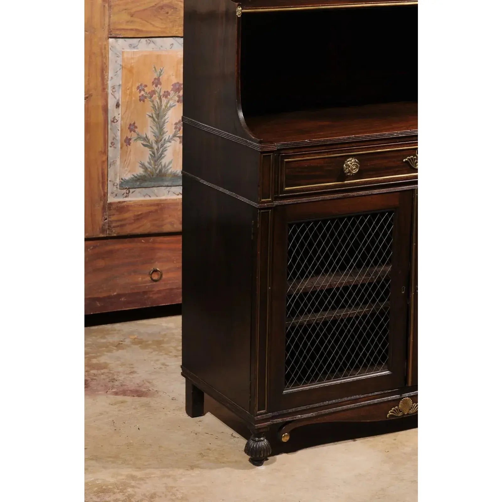 Early 19th Century English Regency Period Chiffonnier Cabinet Waterfall With Brass Fittings