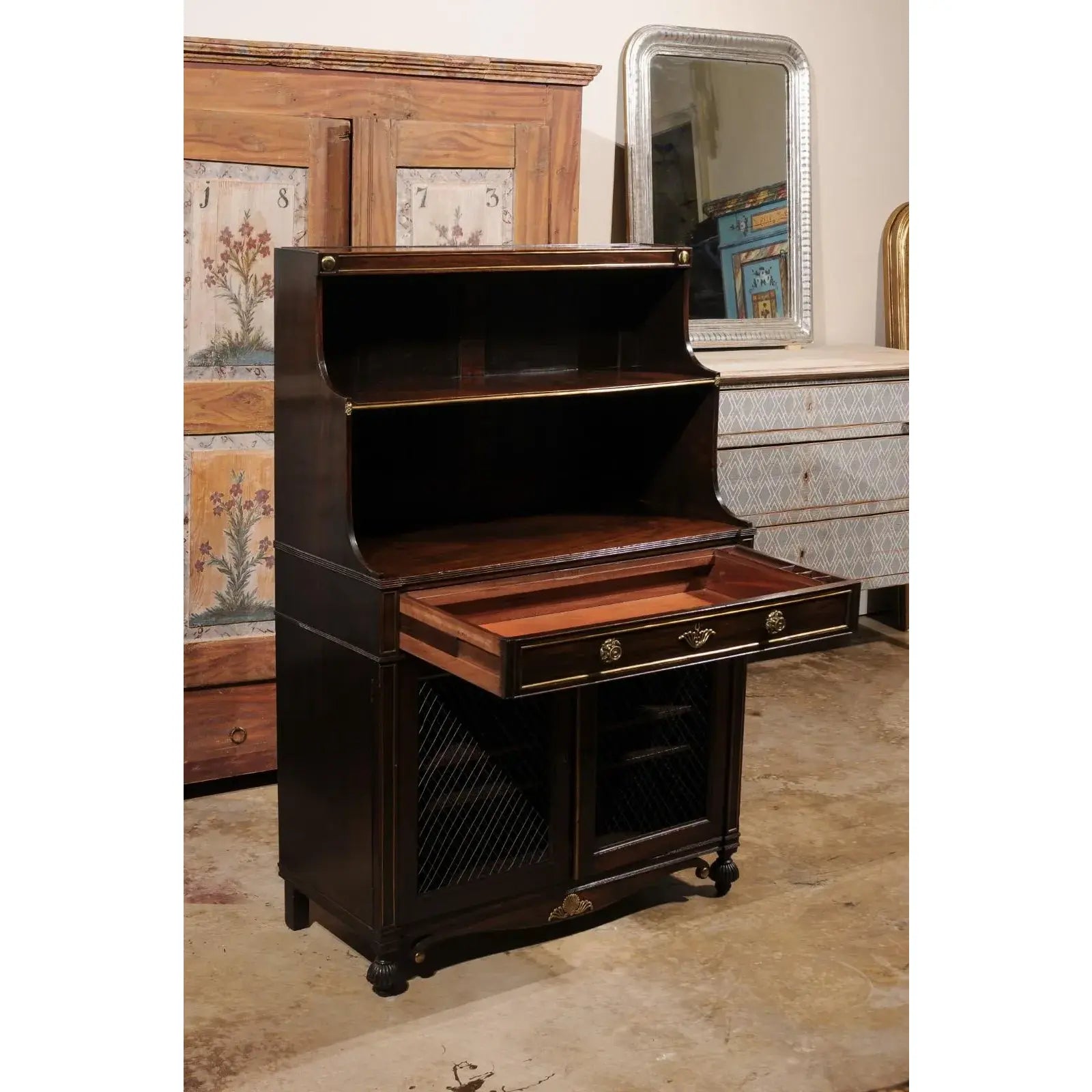 Early 19th Century English Regency Period Chiffonnier Cabinet Waterfall With Brass Fittings