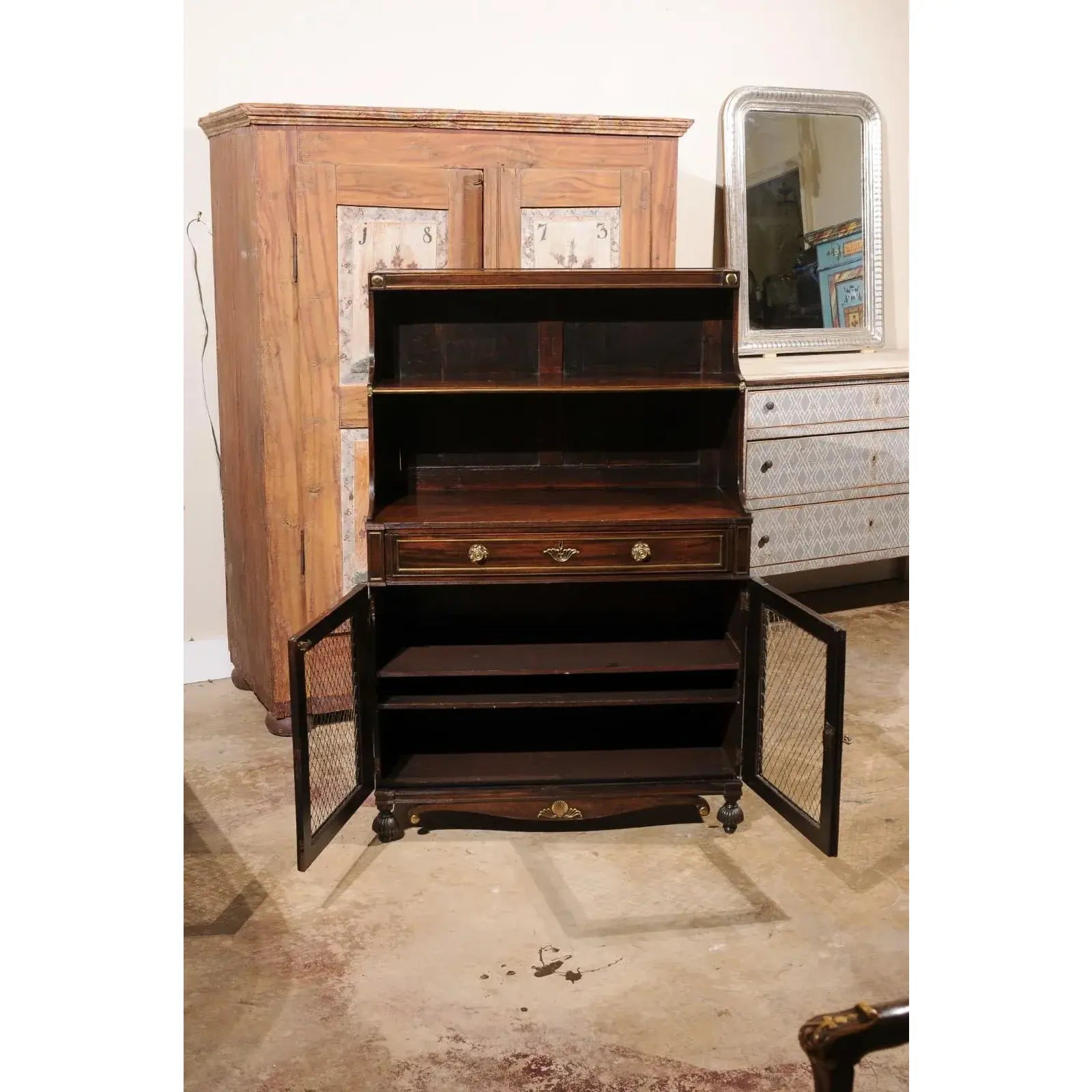 Early 19th Century English Regency Period Chiffonnier Cabinet Waterfall With Brass Fittings
