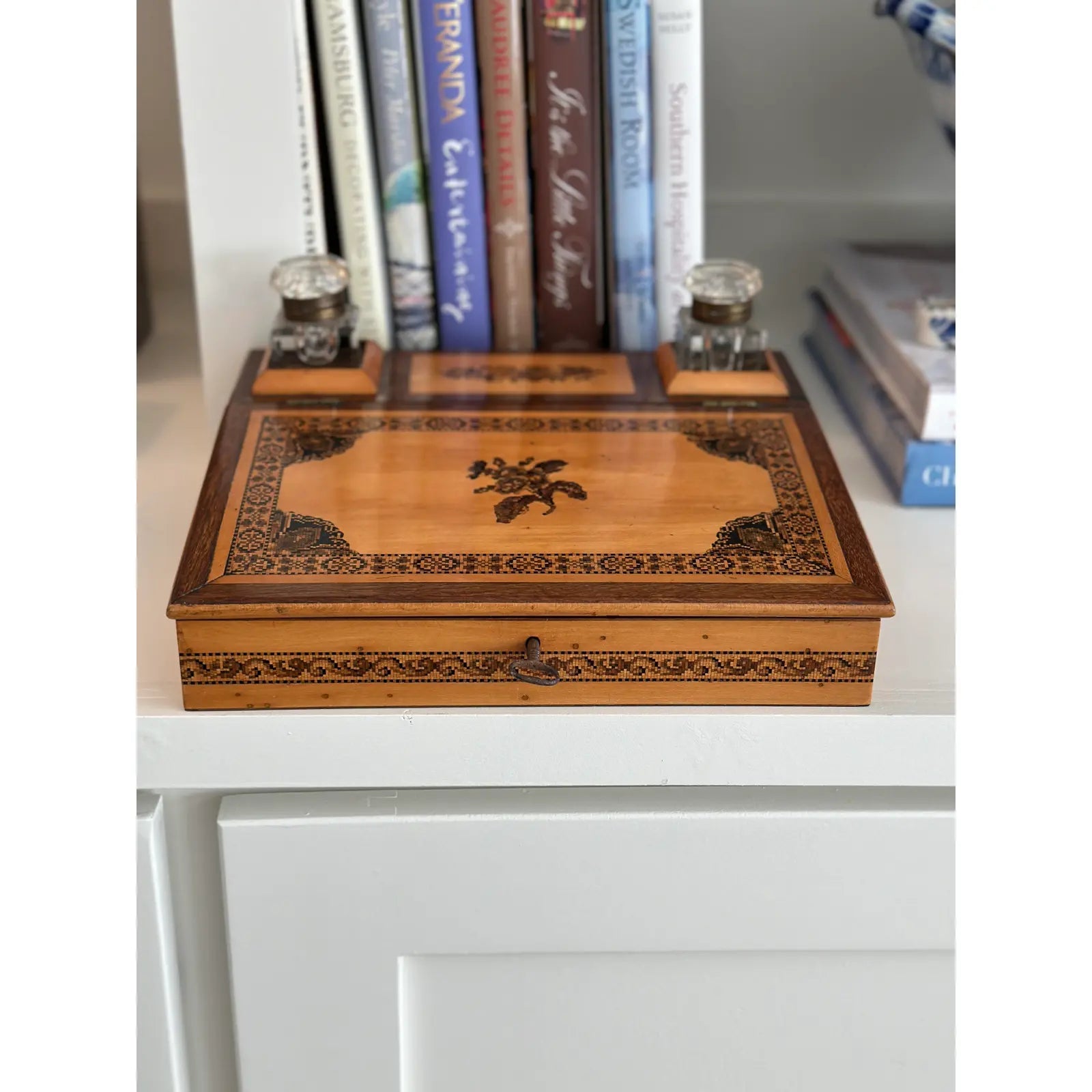 Late 19th Century Tunbridge Ware Writing Box Lap Desk With Double Inkwell Brass Lift Tops