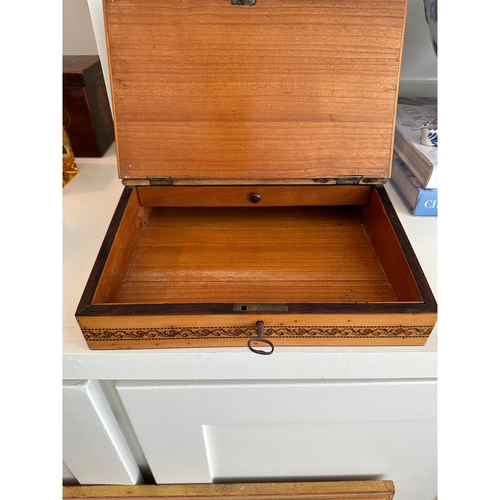 Late 19th Century Tunbridge Ware Writing Box Lap Desk With Double Inkwell Brass Lift Tops