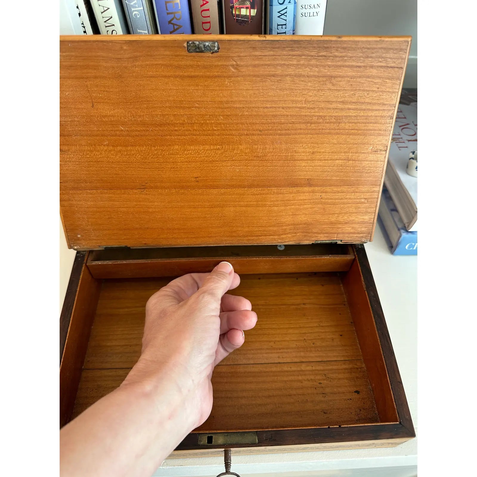 Late 19th Century Tunbridge Ware Writing Box Lap Desk With Double Inkwell Brass Lift Tops