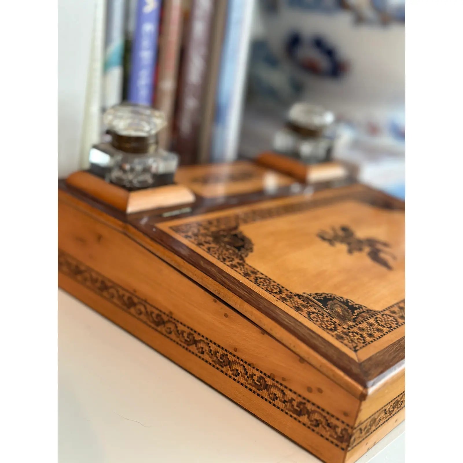 Late 19th Century Tunbridge Ware Writing Box Lap Desk With Double Inkwell Brass Lift Tops