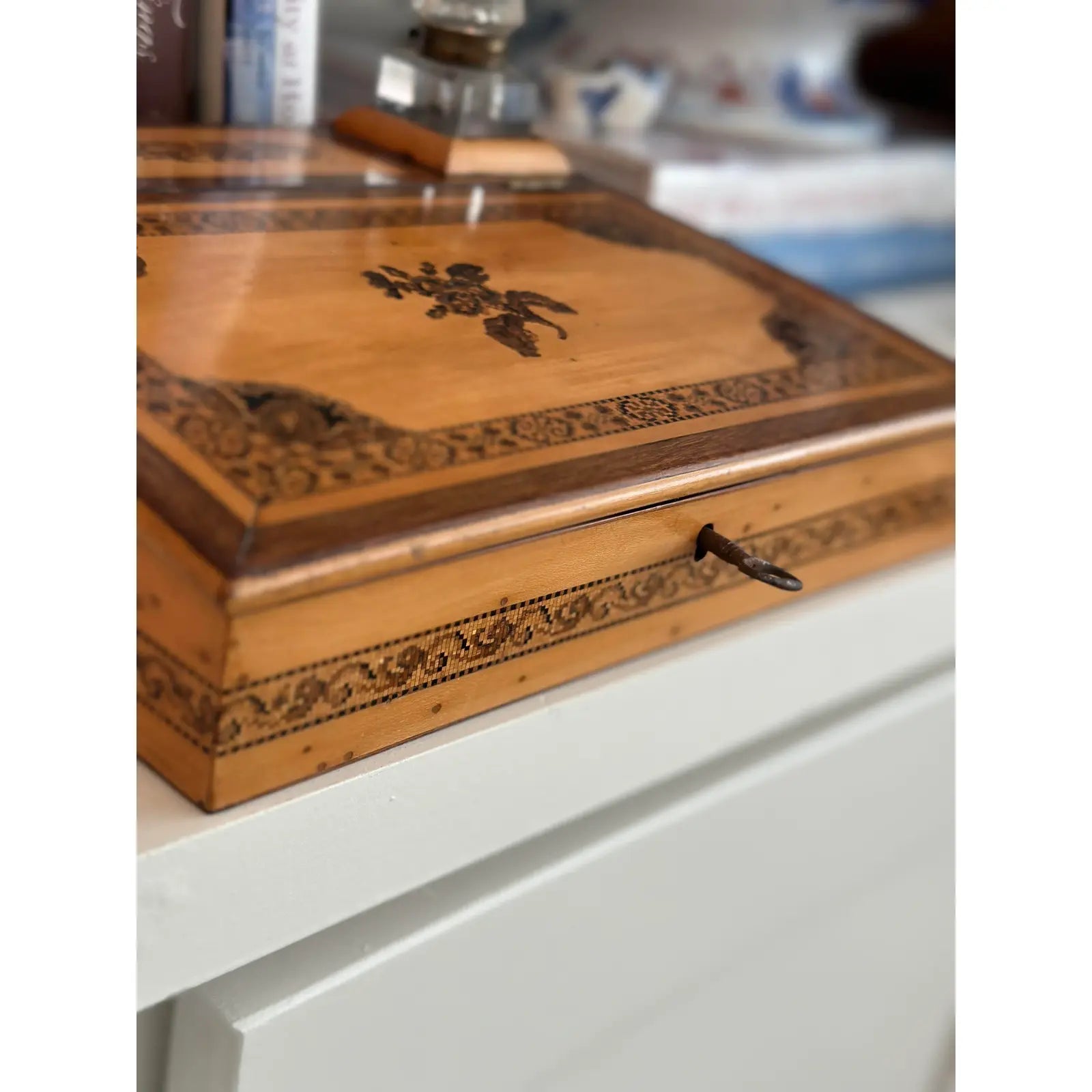 Late 19th Century Tunbridge Ware Writing Box Lap Desk With Double Inkwell Brass Lift Tops