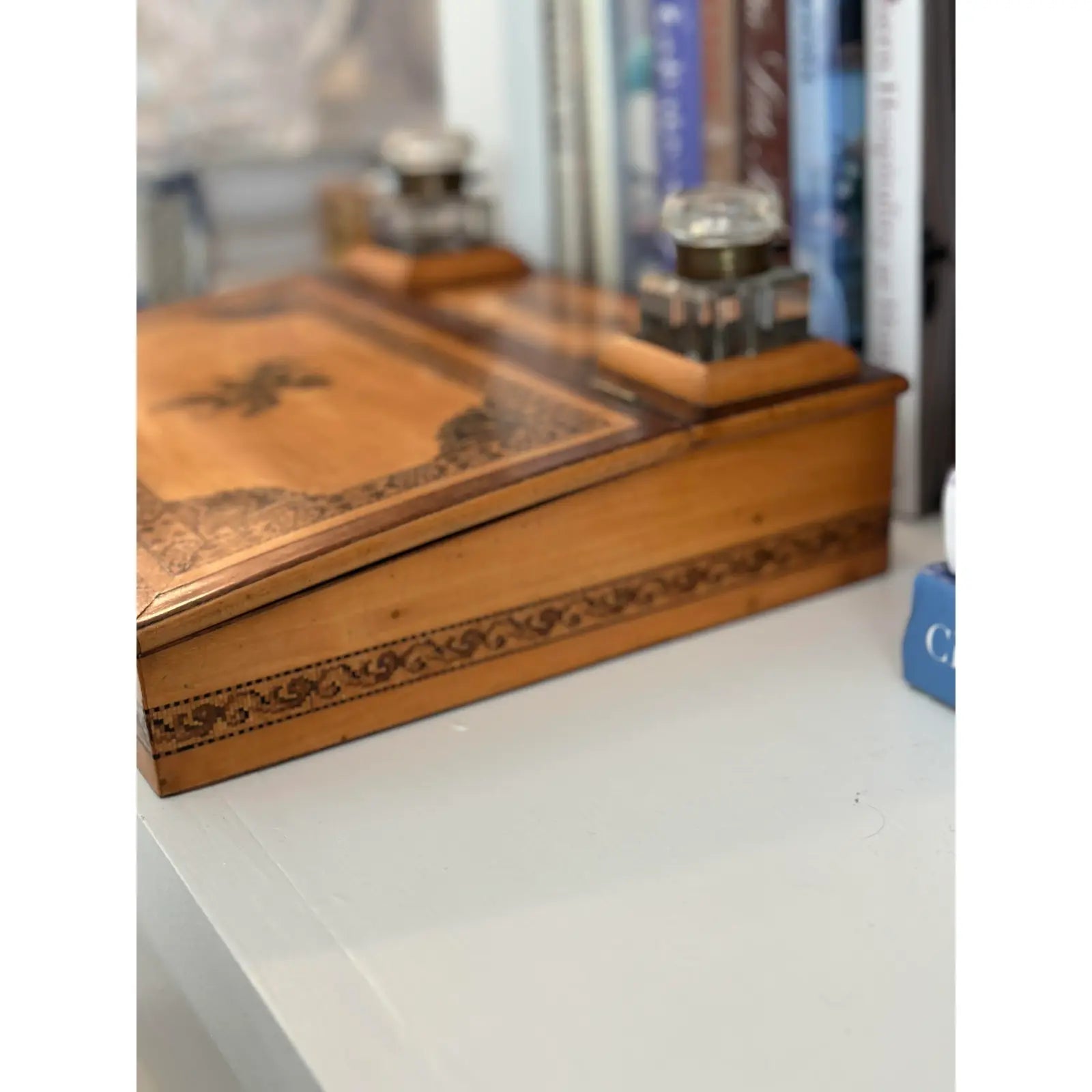 Late 19th Century Tunbridge Ware Writing Box Lap Desk With Double Inkwell Brass Lift Tops