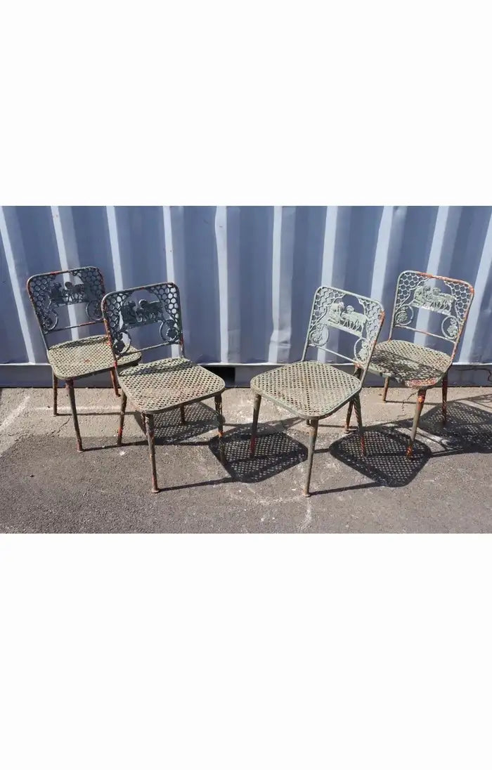 Vintage Figural Cast Iron Patio Garden Chairs Child with Sheep - set of 4
