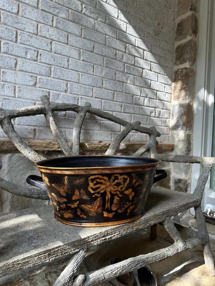 Antique Large Oval Double Handled Decoupage Container Planter