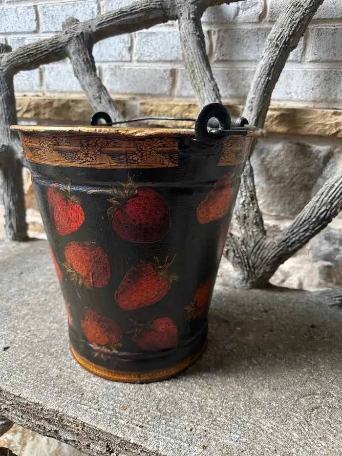 Vintage Tole Metal Decoupage Bucket Strawberry Theme