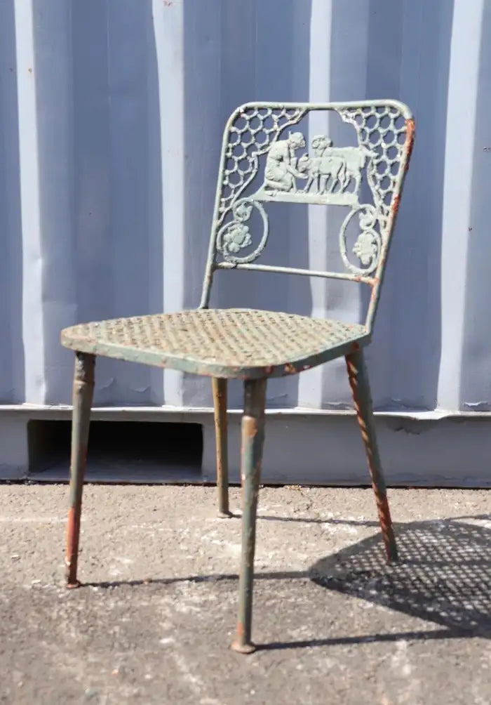 Vintage Figural Cast Iron Patio Garden Chairs Child with Sheep - set of 4
