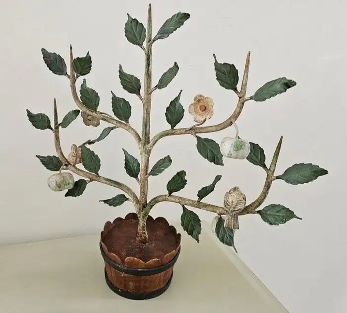 Vintage Pair of Italian Tole Espalier Fruit Trees adorned with Apples & Birds