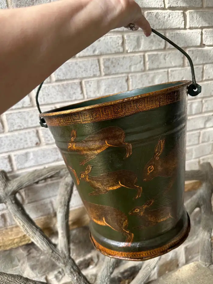 Vintage Artisan Tole Decoupage Bucket with Rabbit Lapin Motif