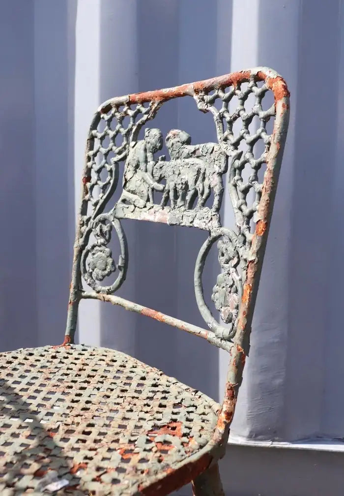 Vintage Figural Cast Iron Patio Garden Chairs Child with Sheep - set of 4