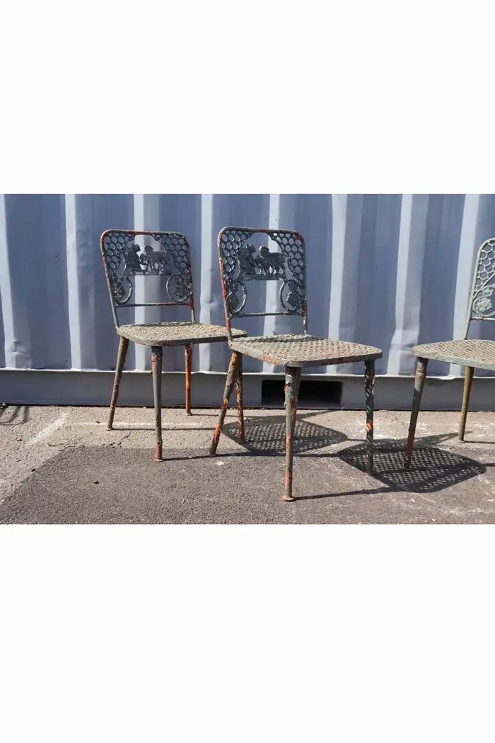 Vintage Figural Cast Iron Patio Garden Chairs Child with Sheep - set of 4