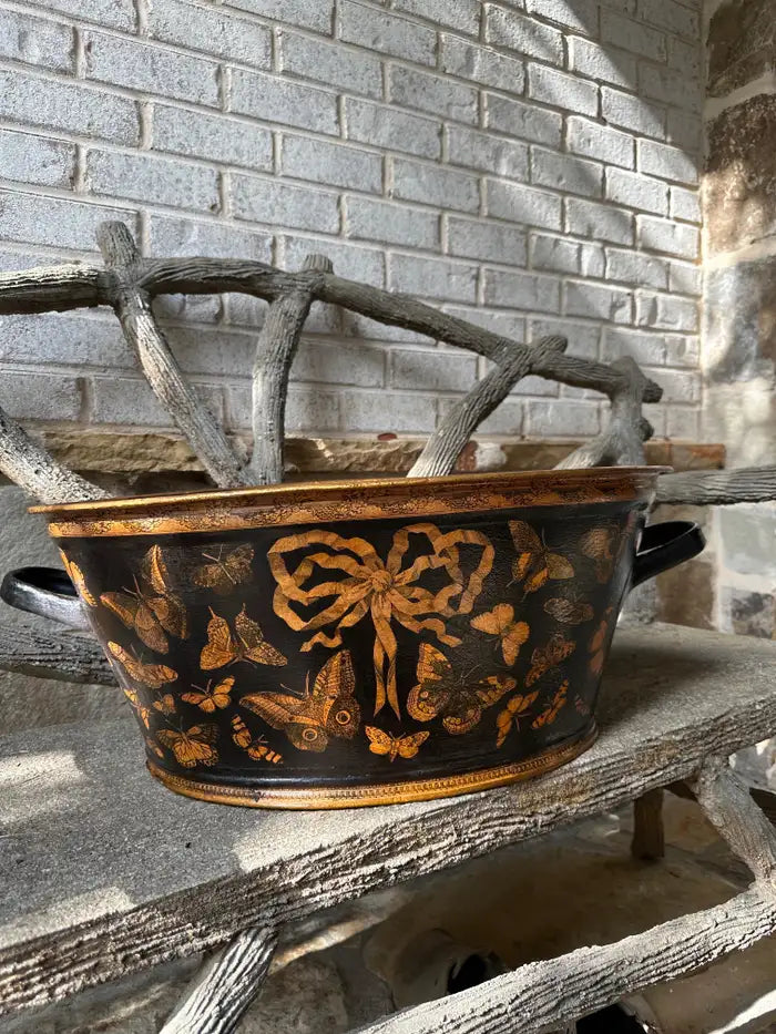 Antique Large Oval Double Handled Decoupage Container Planter