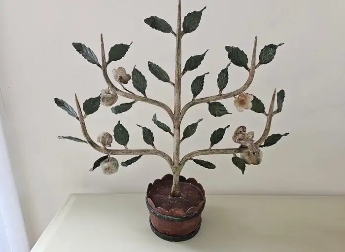 Vintage Pair of Italian Tole Espalier Fruit Trees adorned with Apples & Birds
