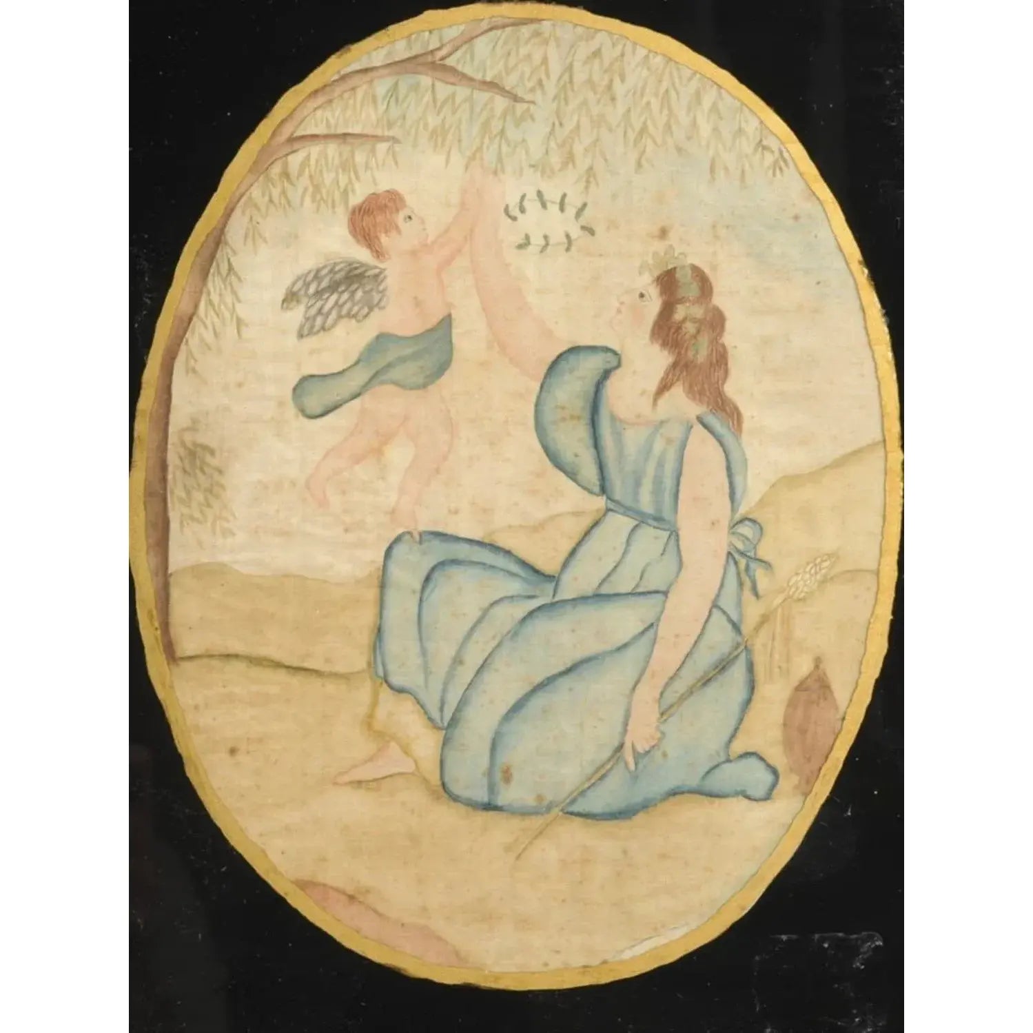 Pair Late 18th Century American Folk Art Paintings on Silk in Eglomise Frames